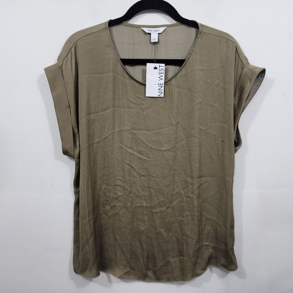 Nine West olive green short-sleeve satin blouse rolled cuffs round neckline L